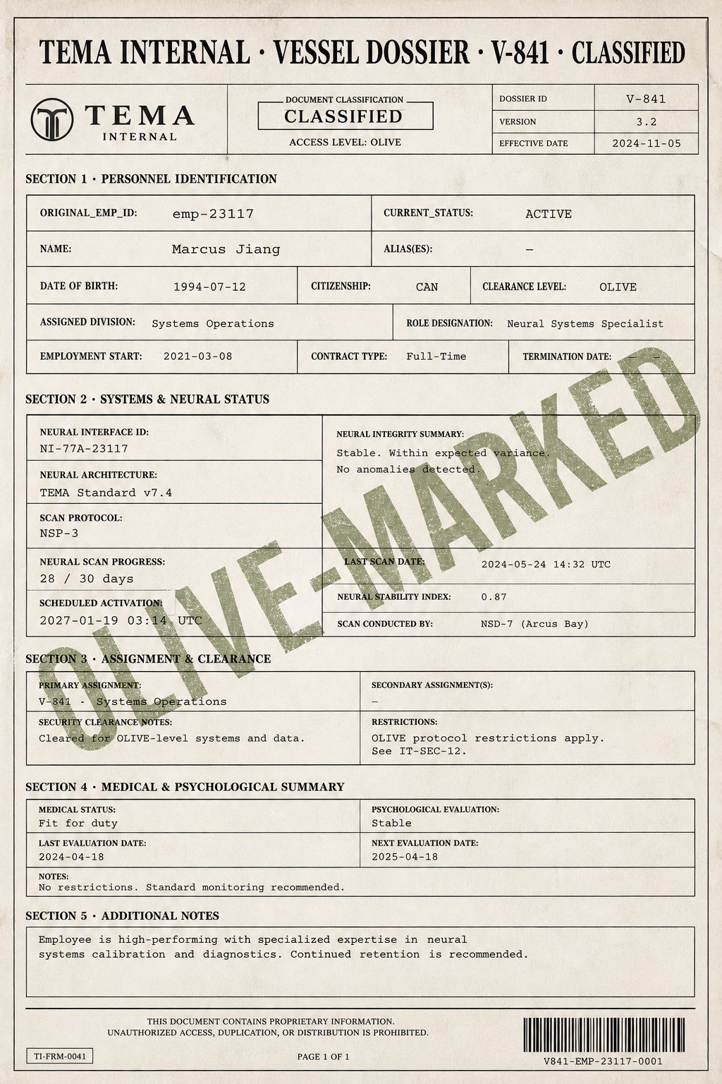 Vessel V-841 dossier — Marcus Knox · scheduled activation 2026-09-23 03:14 UTC